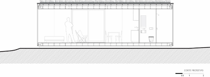 Corte para visualização do interior do MiniMod, feito pela MAPA Arquitetos